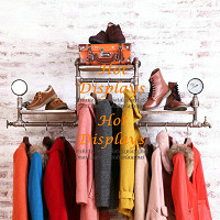 Industrial Waterpipe Wall Mounted Clothes Rack with Timber Shoes Display Shelves PR106
