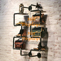 Retro Industrial Waterpipe Wall Mounted Clothes Rack with Timber Shoes Display Shelves PR108
