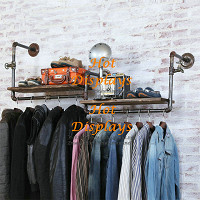 Retro Wall Mounted Industrial Waterpipe Clothes Rack with Timber Shoes Display Shelves PR111