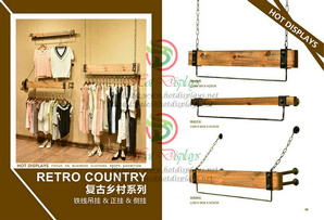 Fashion Shop Retro Timber Wall Mounted and Hanging Horizontal Clothes Display Racks W09