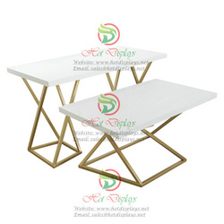 Floor Standing Golden Garment Rack Clothes Nesting Tables China Wholesale ​Shoes Display Shelves with Rectangular Tubing and Wood Top DP-HD06