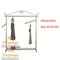 Antique Brass Iron Floor Standing Height Adjustable Clothes Display Rack Coat Hanger Garment Rack with Shoes Storage Shelf GR108