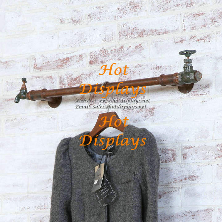 Industrial Waterpipe Shabby Chic Wall Mounted 1-Bar Clothes Display Rack with Taps PR103
