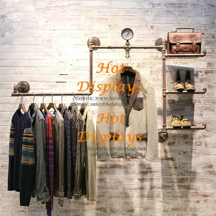 Wall Mounted Shabby Chic Industrial Waterpipe Clothes Rack with Timber Display Shelves PR109