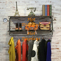Retro Wall Mounted Single Bar Industrial Waterpipe Clothes Display Rack with Timber Book Shelf PR112