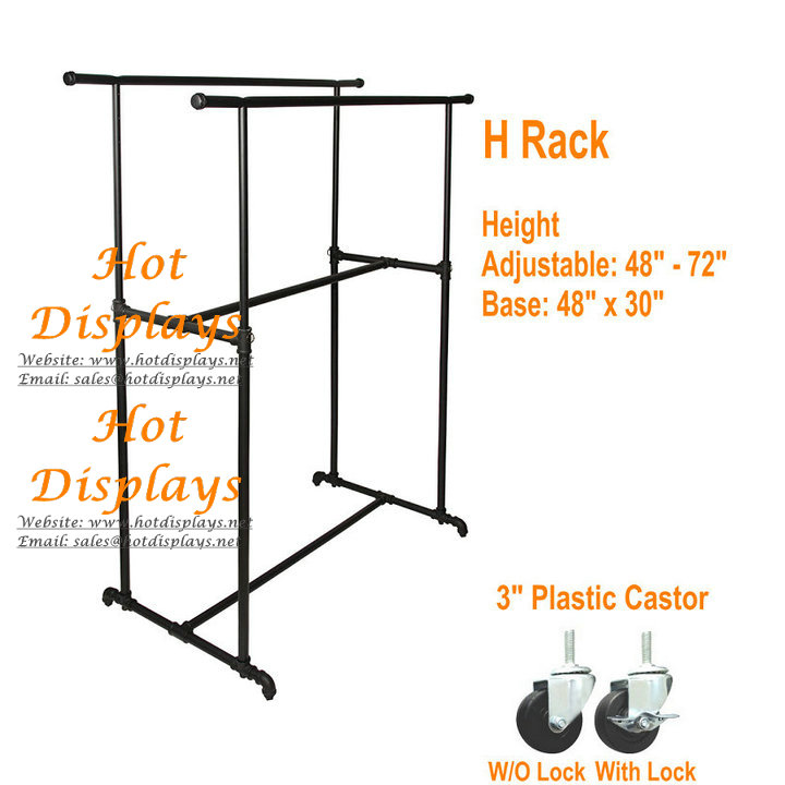 Floor Standing H Shape Height Adjustable Industrial Waterpipe Garment Rack Powder Coated Clothes Display Rack PR204