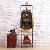Vintage Floor Standing Industrial Waterpipe Coat Hanger Clothes Display Rack with Timber Storage Shelf PR213