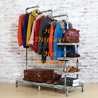 Vintage Floor Standing Industrial Waterpipe Coat Hanger Water Fall Clothes Display Rack Garment Rack with Timber Storage Shelves PR214