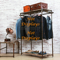 Shabby Chic Heavy Garment Rack Floor Standing Industrial Waterpipe Coat Hanger Clothes Display Rack with Timber Storage Shelves PR215