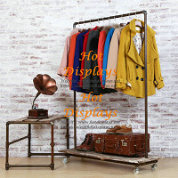 Shabby Chic 1-Bar Garment Rack Floor Standing Industrial Waterpipe Coat Hanger Clothes Display Rack with Wooden Storage Shelf PR216