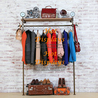 Shabby Chic Garment Rack 1-Bar Floor Standing Industrial Waterpipe Clothes Display Rack Coat Hanger with Wooden Storage Shelf PR217