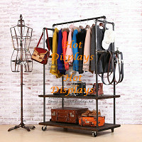Rustic Floor Standing Industrial Waterpipe Clothes Display Rack Garment Rack Heavy Coat Hanger with Timber Storage Shelves PR218