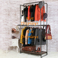 Rustic Heavy Floor Standing H Shape Industrial Waterpipe Clothes Display Rack Garment Rack Coat Hanger with Timber Storage Shelf PR219