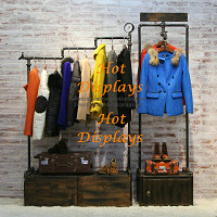 Vintage Floor Standing Industrial Waterpipe Clothes Display Rack Garment Rack Coat Hanger with Wooden Storage Shelf and Drawers PR221