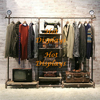 Shabby Chic Heavy Floor Standing Industrial Waterpipe Clothes Display Rack Garment Rack Coat Hanger with Timber Storage Shelves and Gauges Taps PR223