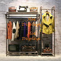 Floor Standing Garment Rack Industrial Waterpipe Shabby Chic Heavy Clothes Display Rack Coat Hanger with Wooden Storage Shelves PR224