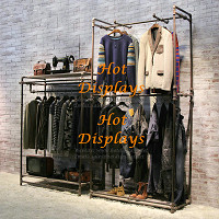 Heavy Shabby Chic Floor Standing Garment Rack Industrial Waterpipe Clothes Display Rack Coat Hanger with Wooden Storage Shelves PR226