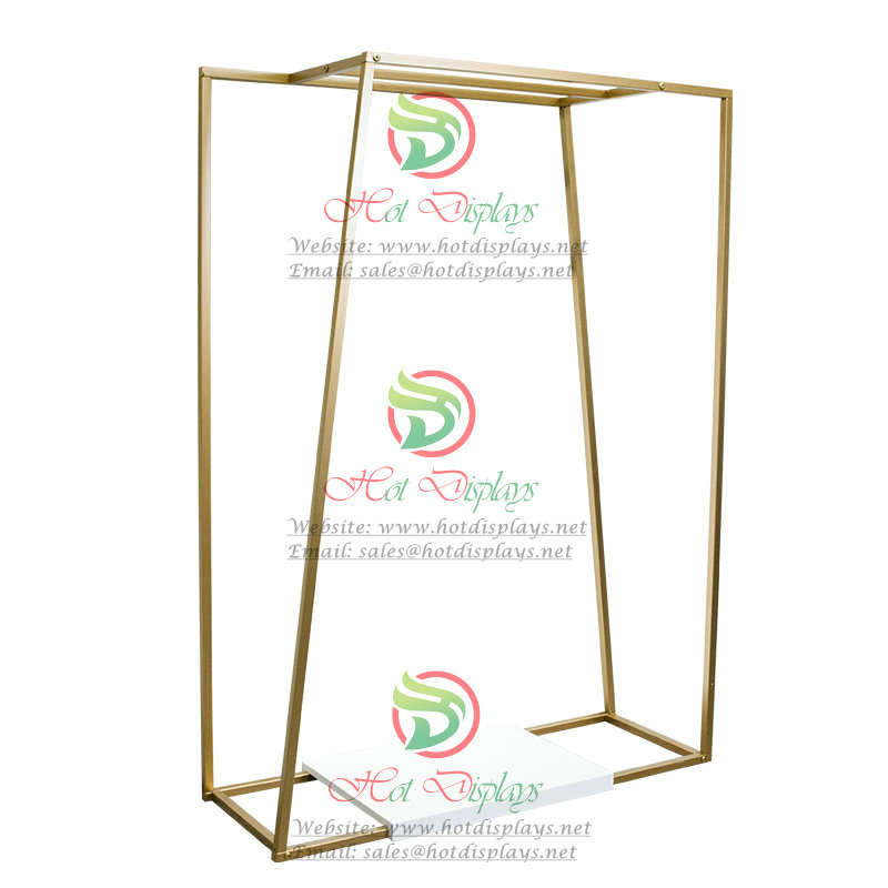 Fashion Shop Heavy Garment Rack Modern Golden Coat Hanger H Single Clothes Display Rack with 3-Bar and Shoes Storage Shelf Wood Base DP-HD07