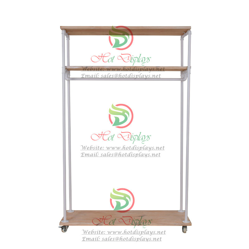 White Industrial Pipe H Clothes Display Rack with New Zealand Timber Top & Base DP-WG12