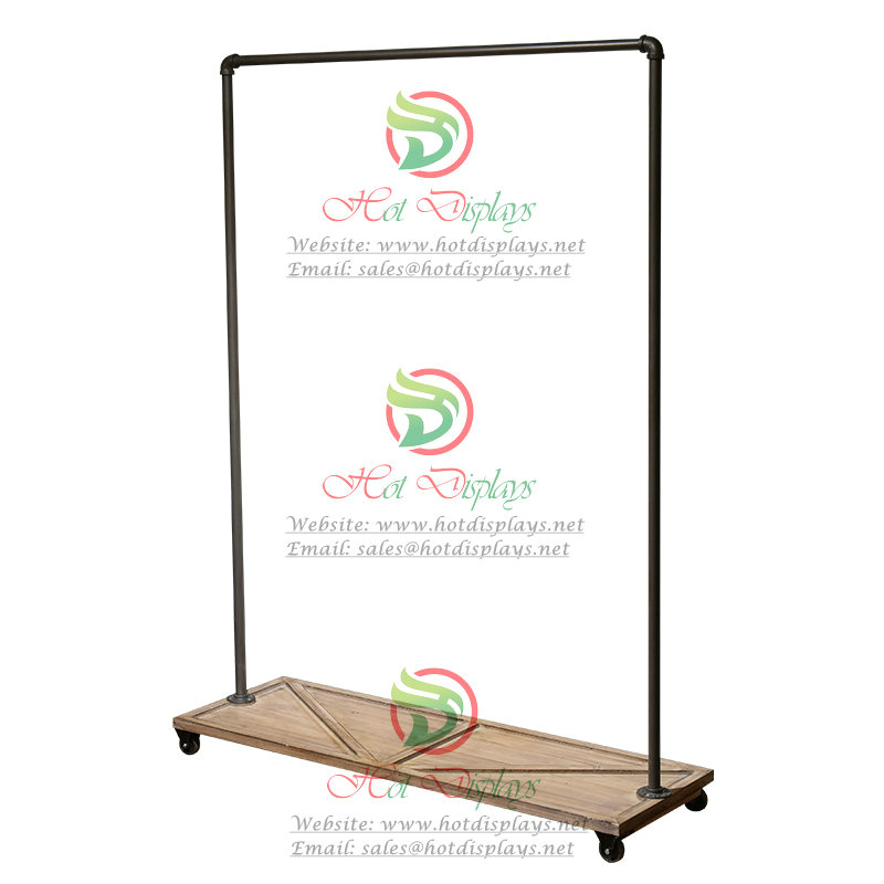 Rural Industrial Pipe Single Bar Clothes Rack with Cedarwood Shoes Display Shelf DP-XG14