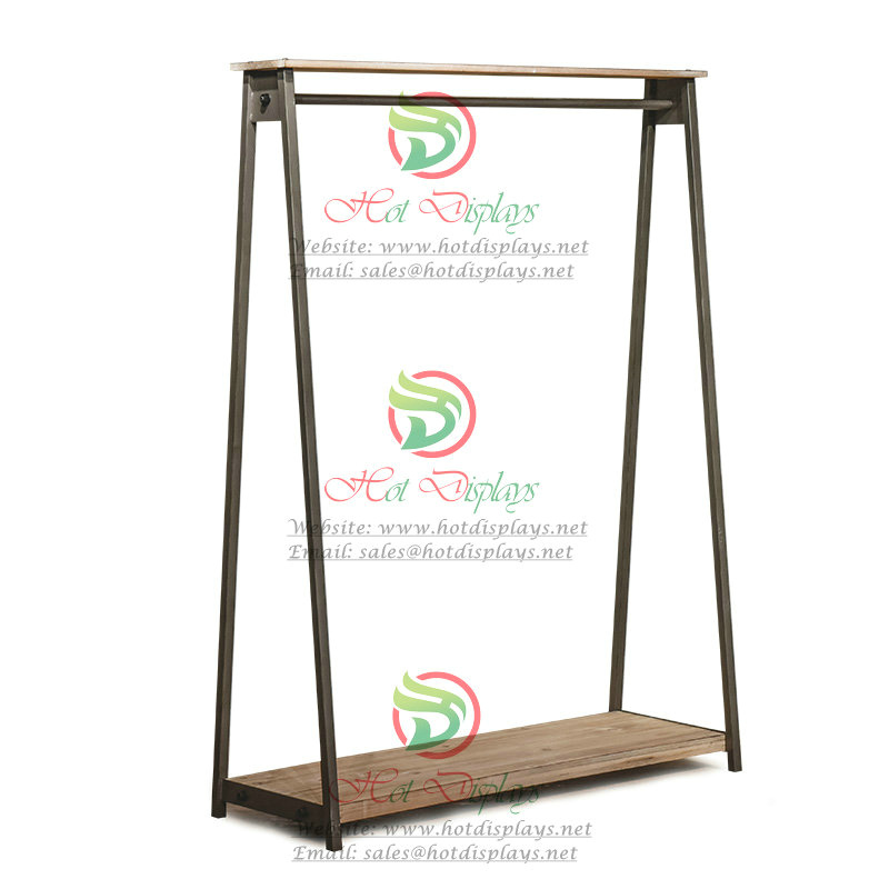 Rustic Square Tubing Floor Standing Clothes Display Rack with Timber Top & Base DP-TM07
