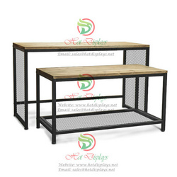 Iron Nesting Tables with Timber Top Shoes Display Shelf & Storage Base Wire Net DP-TW06