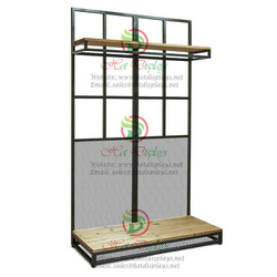 Floor Clothes Rack with Timber Top & Base Display Shelf & Back Panel Wire Net DP-TW08
